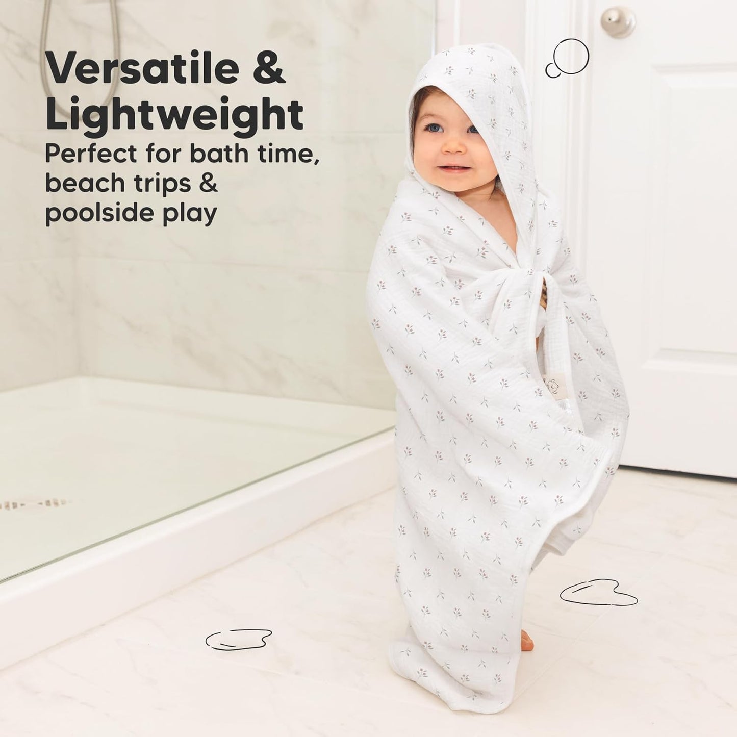 KeaBabies Muslin Baby Bath Towels with Hood for Girls, Boys -Large Organic Cotton Hooded Baby Towels for Newborns,Toddlers,Infant,Kids,Soft Absorbent Newborn Bath Essentials Gift Set(Petunia, Regular)