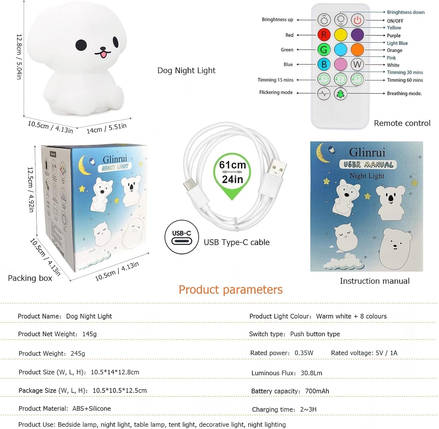 Night Lights Dog Silicone Bedside lamp for Children, Baby Nursery Light Decorative Lamps Decompression Light - Break Resistant/Eye Caring/Adjustable Brightness & Color/Time Setting - Medium