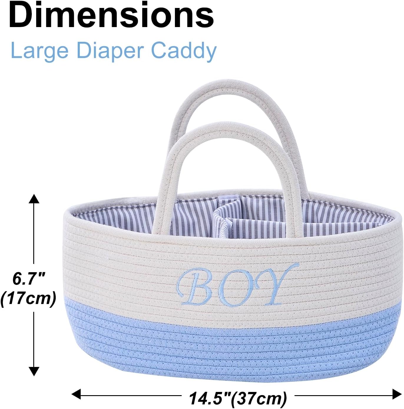 DUHEL Diaper Caddy Organizer with Handle,Baby Basket use for Diaper Organizer and Storage,Baby Boys Newborn Essentials,3 Compartments-Cotton rope Material Storage for Home or Travel.(White＆Blue)