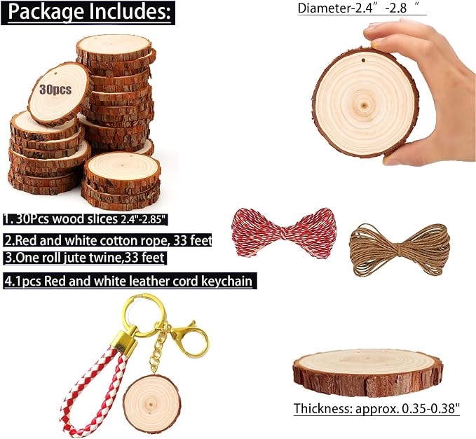 SENMUT Unfinished Wood Slices 30pcs 2.4"-2.85" Wood Circles