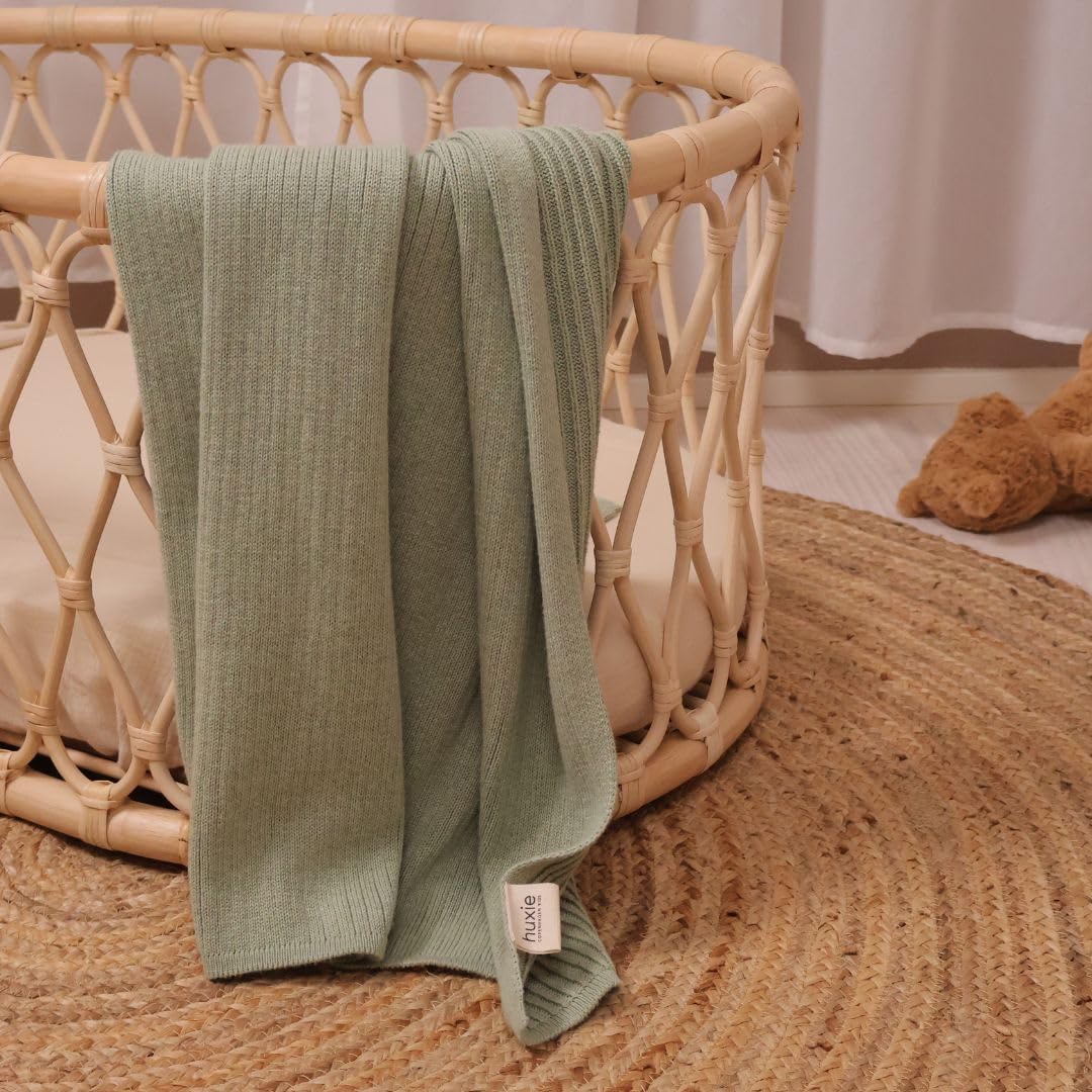 Knitted Organic Cotton Baby Blanket- Swaddle Blanket, 30" x 40" Soft Receiving Blanket for Newborn (Fog/Roman Green)