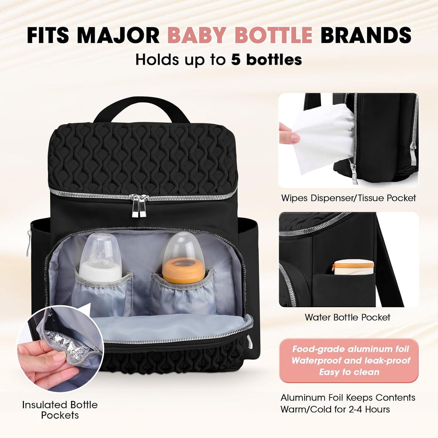 Baby Diaper Bag Backpack, Expandable Baby Bag for Girl Boy, Travel Diaper Backpack with Insulated Pocket, Changing Pad, Quilted Diaper Bag for Mom Dad, Newborn Baby Essentials Must Have Black