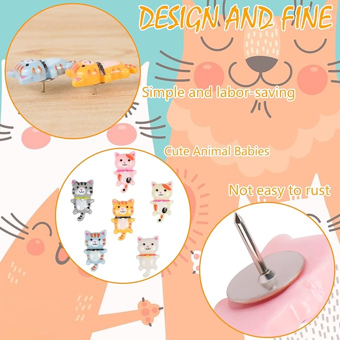 30 Pcs Cute Cat Push Pins, Resin Cat Push Pins Decorative Animal Thumb Tacks