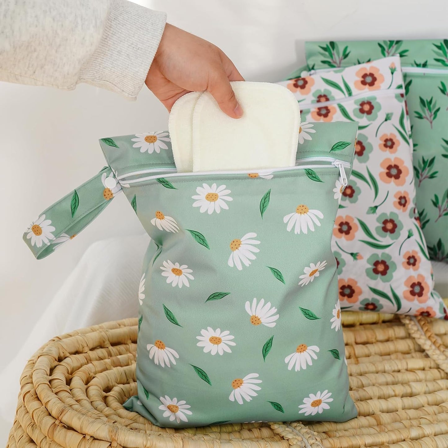 Happy Flute 3 Set Wet Bag Storage Bag Zipper Waterproof Washable Travel Bags, Beach, Pool, Gym Bag for Cloth Diaper, Swimsuits & Wet Clothes for Baby,11.8x15.7inch (Daisy)