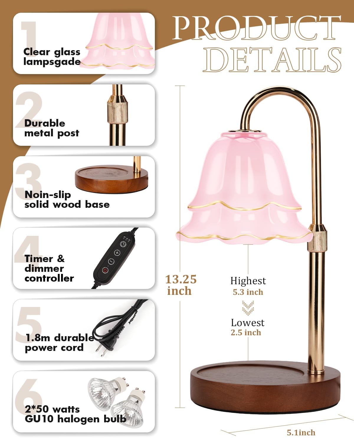 Pink Candle Warmer Lamp with Timer & Dimmer, Adjustable Height Birthday Gifts for Women Mom, Flower Candle Lamp Warmer, Wax Warmer with 2 Bulbs, House Warming New House Decorations