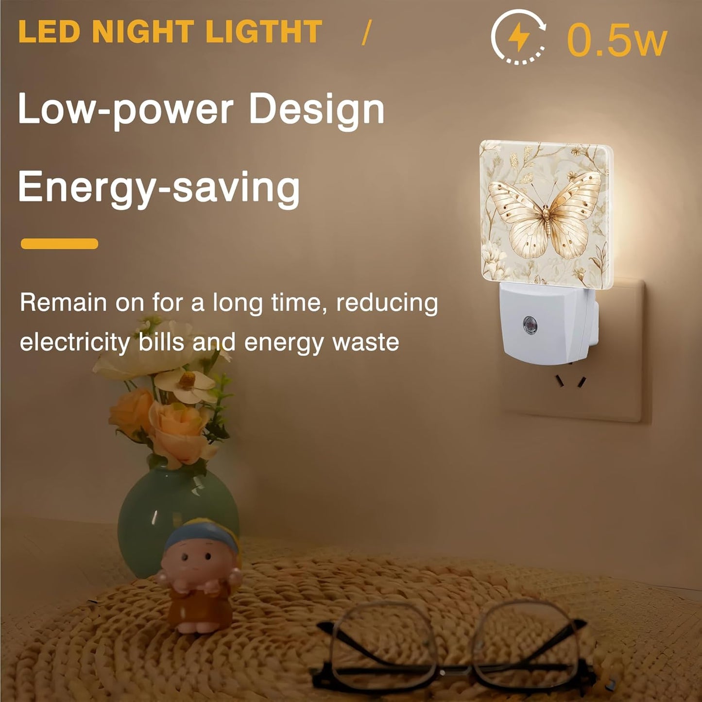 Beautiful Butterfly and Flower Night Light, Plug-in Nightlight with Dusk to Dawn Auto Sensor for Home Bedroom Hallway Kitchen 0.5W Sleep Friendly Led Lamp for Women Men