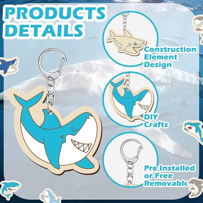 RattanView 24 Pcs Summer Shark Crafts Color Your Own Keychains DIY Craft Wooden