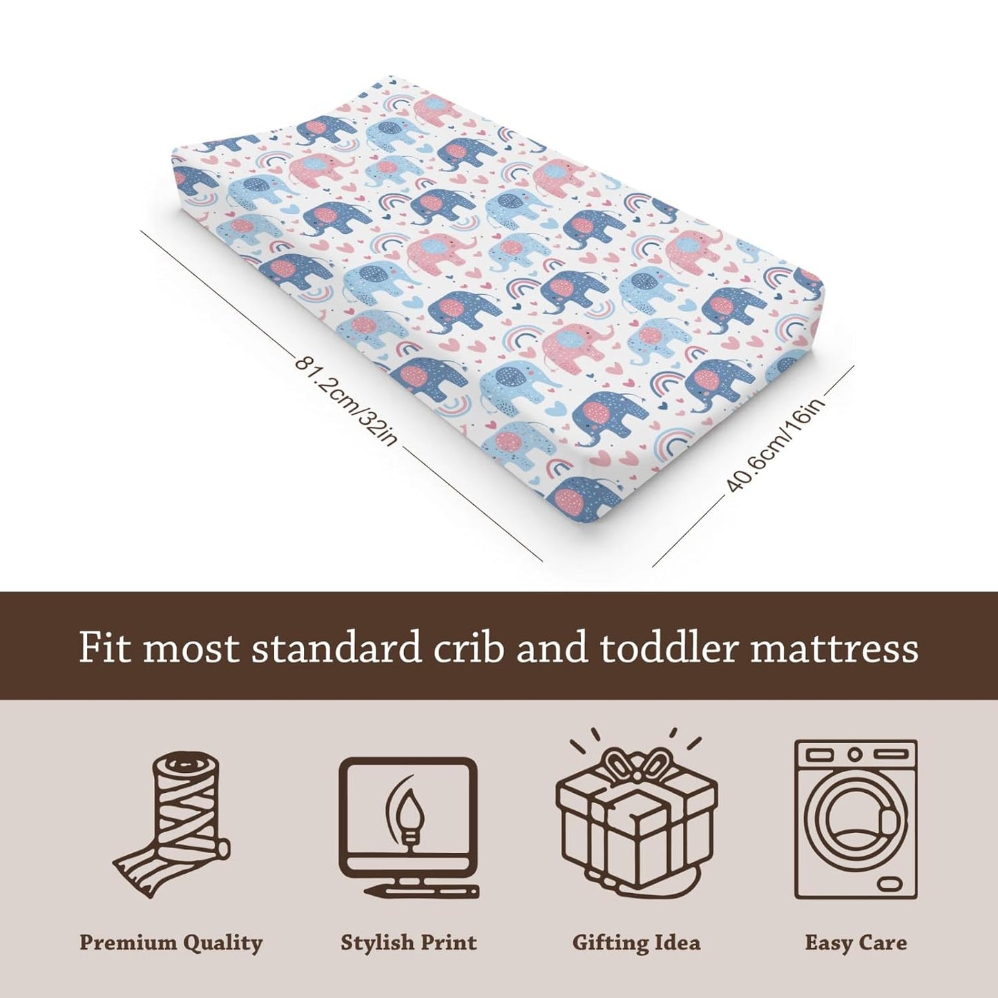 Soft 2 Pack Cartoon Elephant Rainbow Pattern Baby Changing Pad Covers for Infant Newborn, Unisex African Safari Animals Nursery Fitted Diaper Changing Table Pad Mat Sheets for Boys Girls-16x32