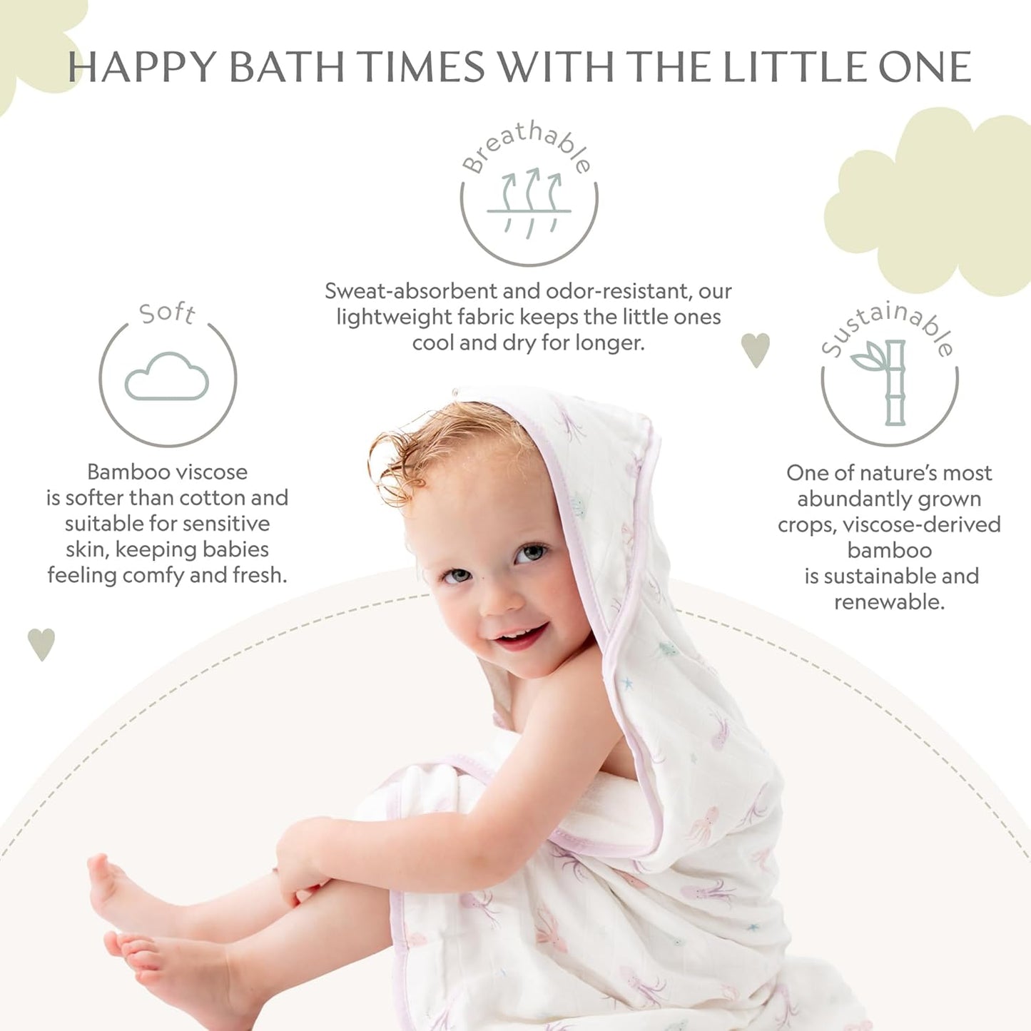 Bamboo Viscose Baby Hooded Towel & Washcloth Set for Babies and Toddlers, Soft & Absorbent, 70% Viscose from Bamboo, 30% Cotton Muslin - Imported (Octopus)