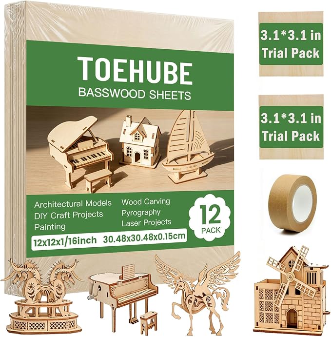 12 X 12 X 1/16 Inch Basswood Sheets, 12 Pack Plywood Sheets, Unfinished Thin
