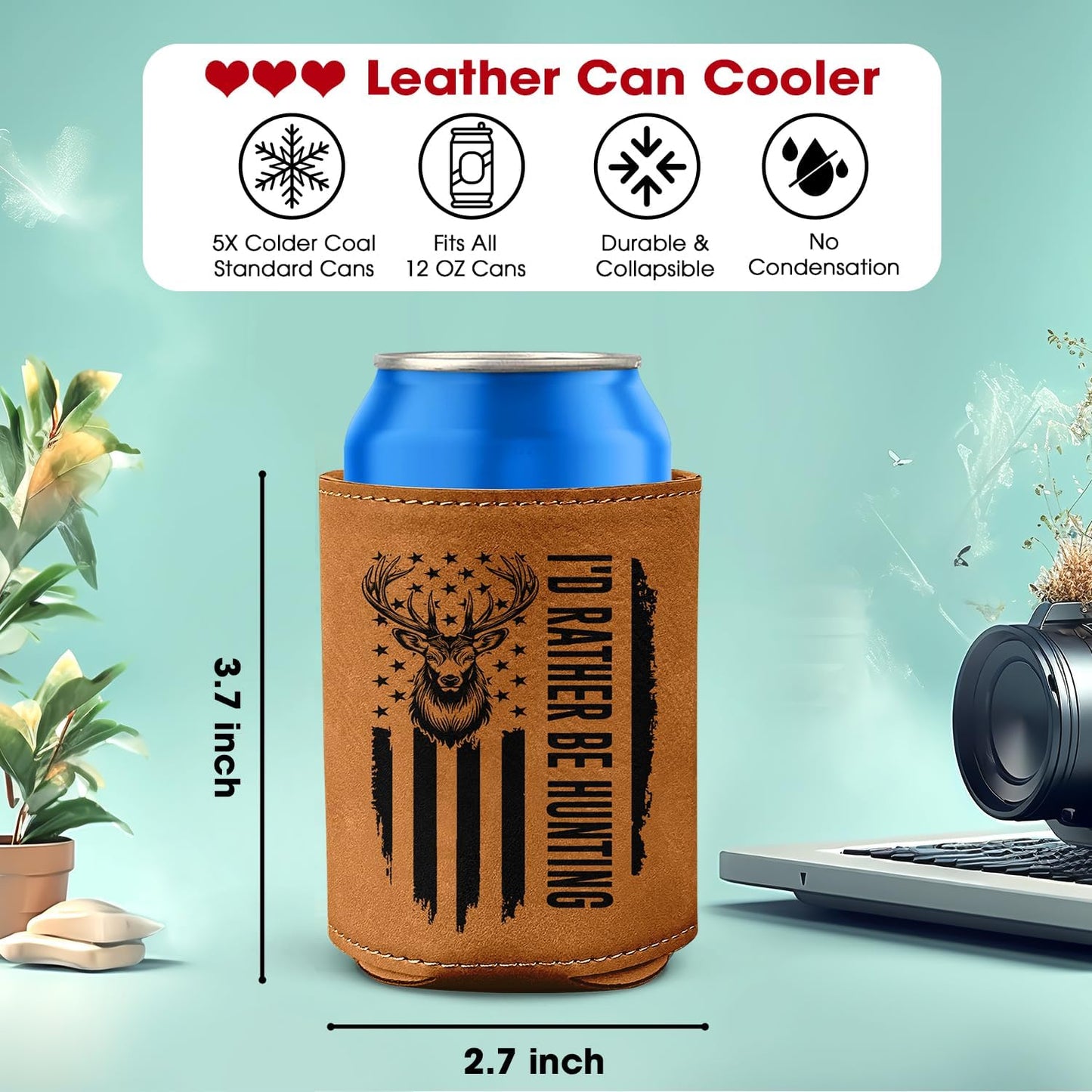 Hunting Gifts for Men – Leather Beer Can Cooler – Christmas, Birthday Gift for Hunters – Hunting Present for Dad, Husband, or Friend – Durable Collapsible Leather Can Holder