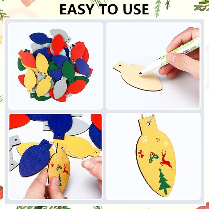 Queekay 50 Pcs Christmas Unfinished Wooden Light Bulb Wooden Slices Blank