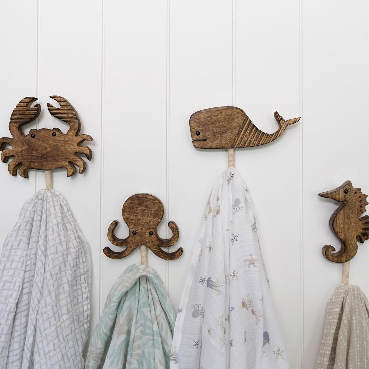 Crane Baby Sea Life Wooden Wall Hooks, Set of 4 Wood Wall Hooks, Ocean Nursery Decor, Wood Towel Hook, Kids Towel Hooks, Kids Coat Hooks, Kids Wall Hooks, Handmade Wooden Nursery Décor