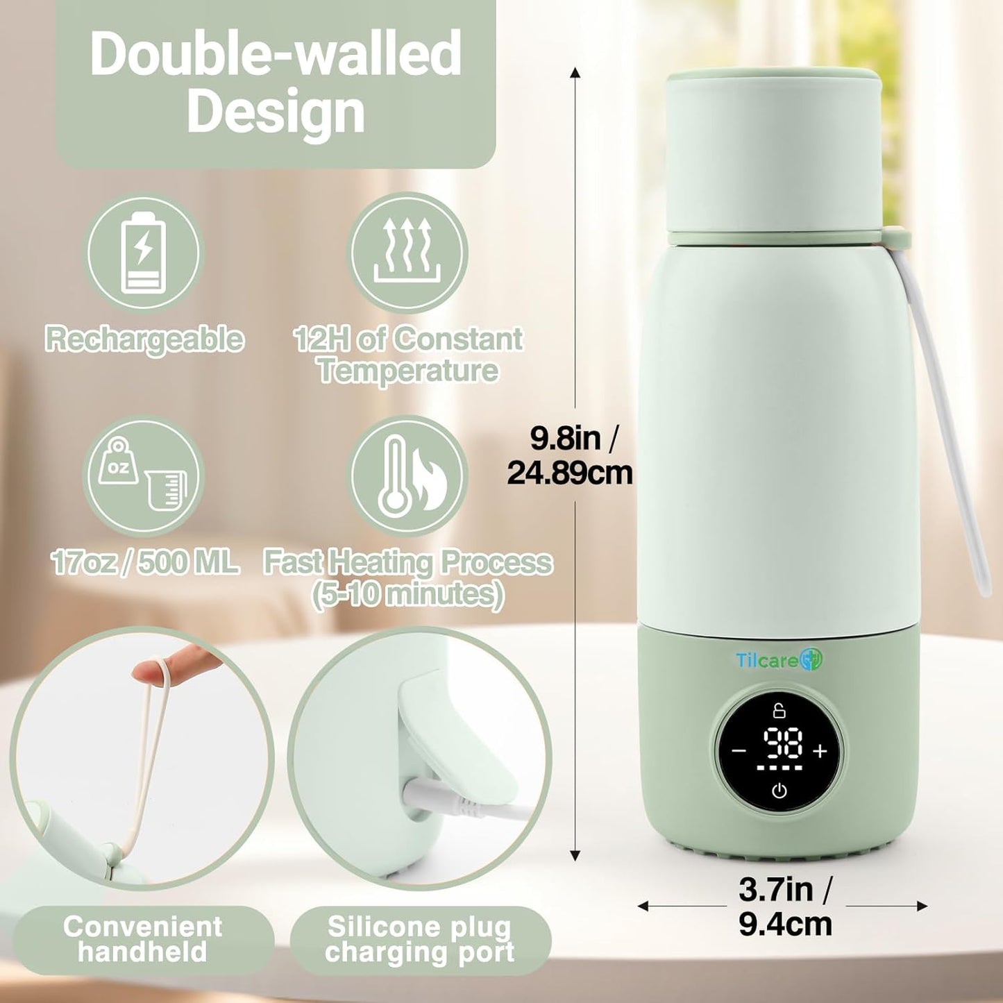 Portable Bottle Warmer for Travel - 17oz 12H Baby Bottle Milk Warmer, Fast Heat Travel Bottle Warmer for Breastmilk, USB Calentador De Biberones on The Go - Wireless Car Bottle Water Warmer, Green