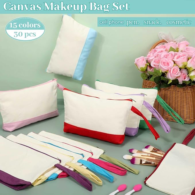 Silkfly 30 Pcs Cotton Canvas Makeup Bags Cosmetic Zipper Bags 10.2 x 5.5 x 2''