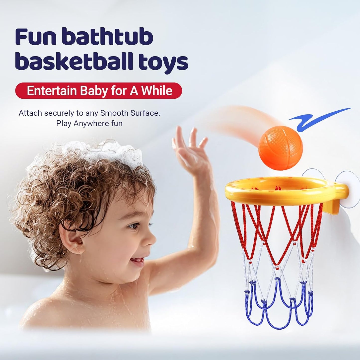 Bath Toys, Bathtub Basketball Hoop for Toddler Kids - 5 Soft No-Hole Balls, Yellow Duck Cartoon Style with Strong Suction Cups, Baby Shower Toy Set for Boys & Girls, Gift-Ready