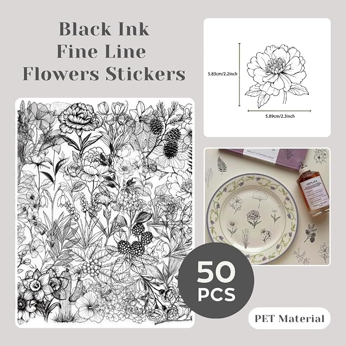 200 Pcs Clear PET Stickers Black Fine Line Flowers, Wildflowers & Mushrooms
