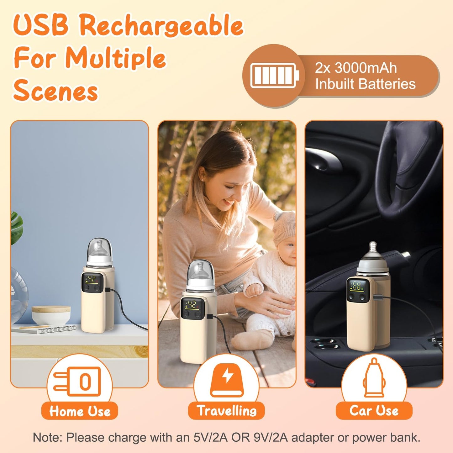 Portable Baby Bottle Warmer - 6-Temp Fast Heating Travel Warmer with Night Light | Universal Fit for Most Bottles | Rechargeable & Leak-Proof | Perfect for Car, Diaper Bag & Overnight Use