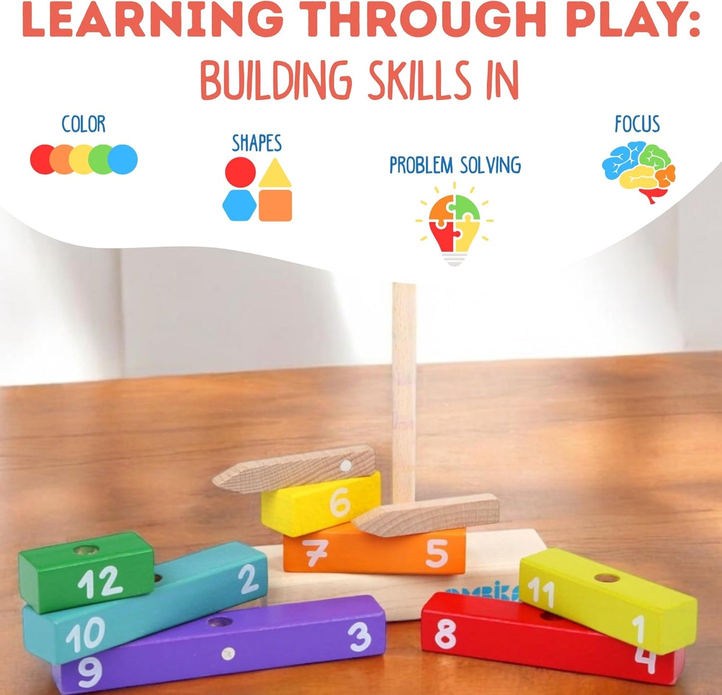 CUBIKA Wooden Clock Construction Kit – Montessori Stacking Toy for Toddlers Ages 3+ – Made from Natural Wood with Water-Based Paints – Travel-Friendly Educational Gift for Boys & Girls