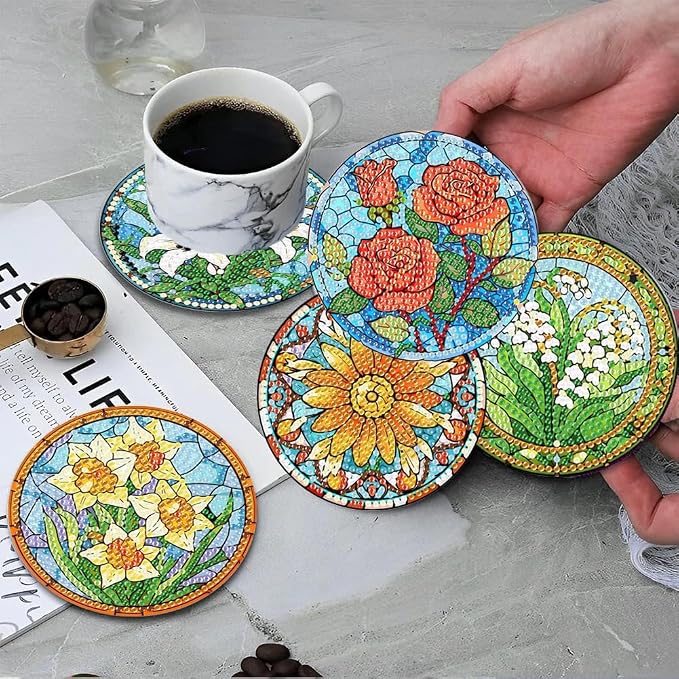 ijbnhd 8 PCS Flowers Diamond Art Coasters | Diamond Painting Coasters Kits