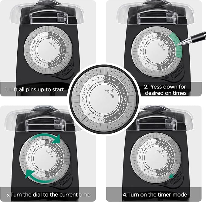 G-Homa 24 Hour Mechanical Outdoor Timer Outlet, Outdoor Timer for Lights, Waterproof, 2 Grounded Outlets, 15A 1/2HP, Heavy Duty, ETL Listed (2 Packs)
