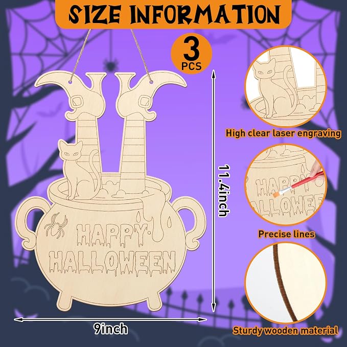 Paintable Halloween Ornaments 3 Sets, Wooden Happy Halloween Cauldron Ornaments