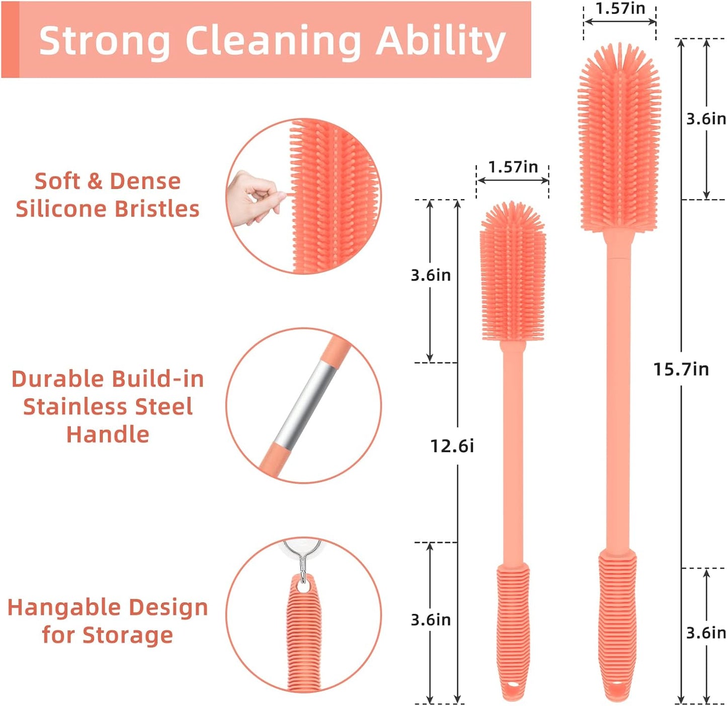Silicone Bottle Cleaning Brush | 2 Pack| Water Bottle Brush Cleaner Brush for Hydro Flask,Glassware,Vacuum Sports Bottle&Vases,Water Bottle Cleaner Brush for Narrow Neck Containers