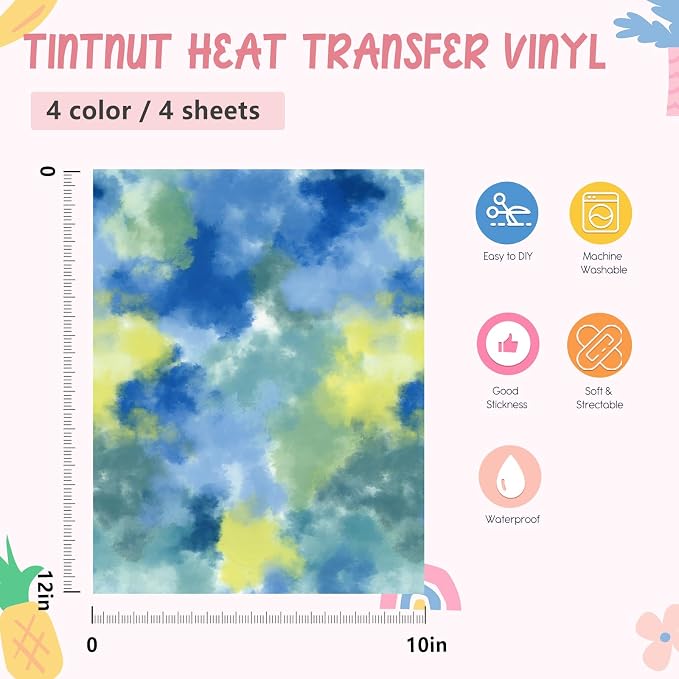 Tintnut Rainbow Tie Dye Heat Transfer Vinyl, PU HTV Sheets, easy cut & weed