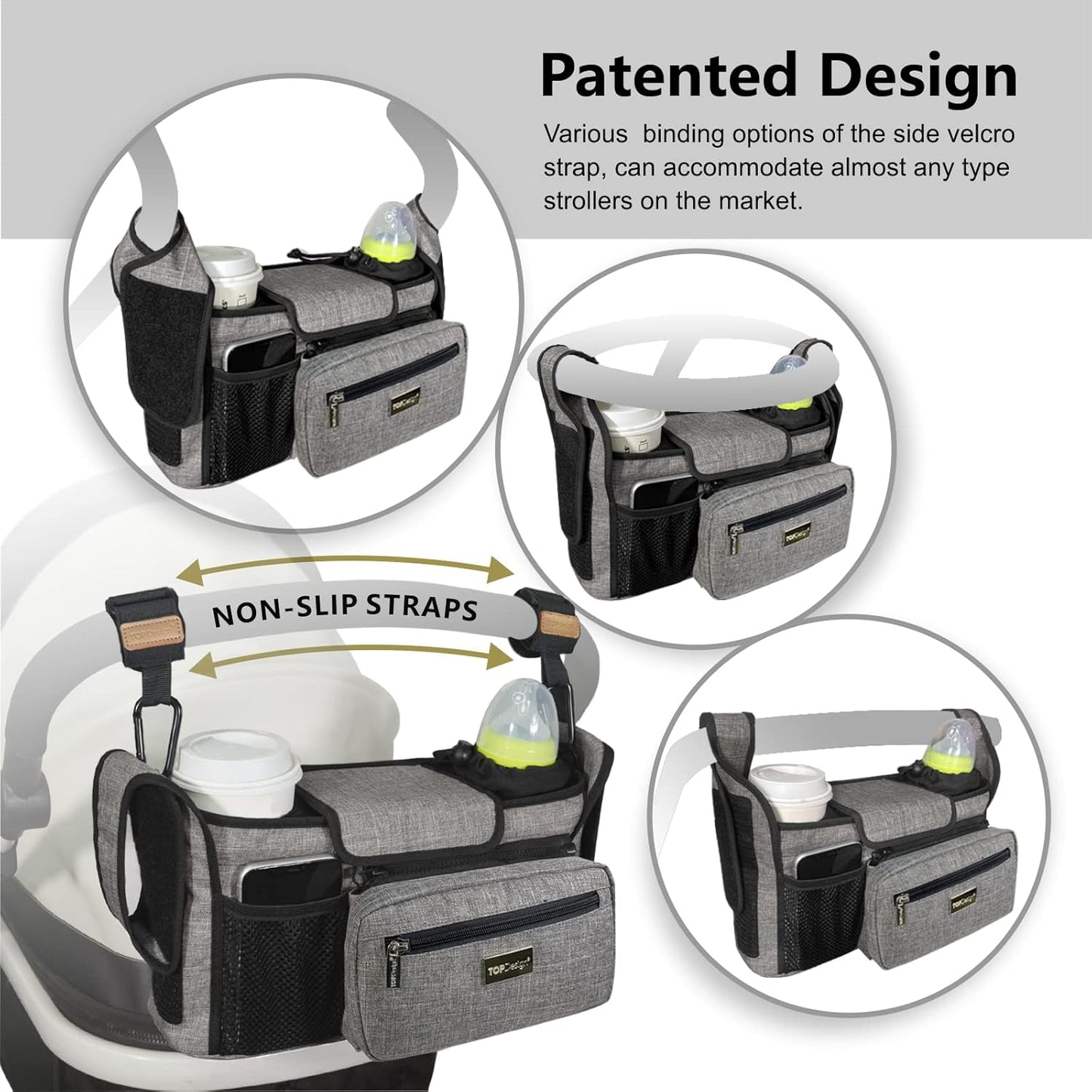TOPDesign Universal Baby Stroller Organizer, Stroller Caddy with Heightened Insulated Cup Holders & Non-Slip Secure Hooks Accessories, Fits Most Strollers, Machine Washable (Green)