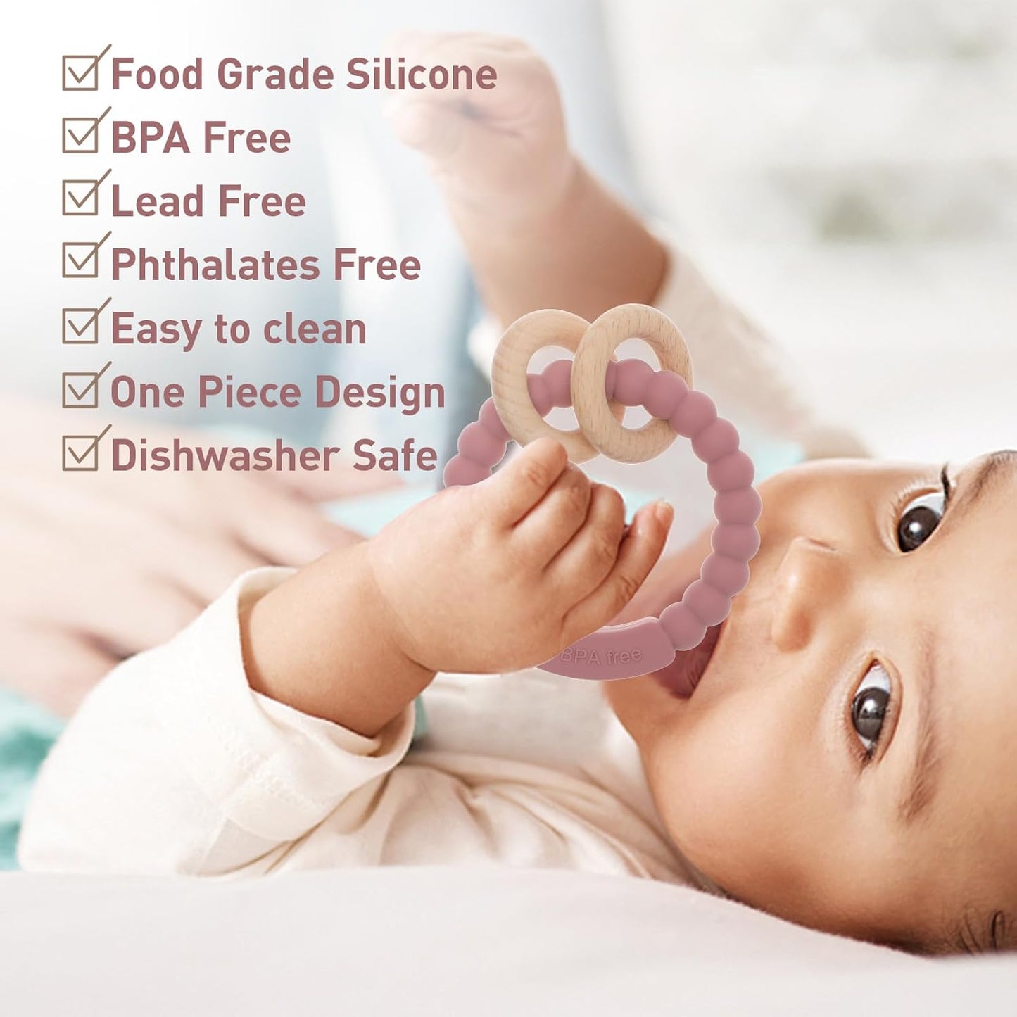Baby Teether, One Piece Design Silicone & Beech Teething Ring Toy for Babies, BPA Free (Hunter Green)
