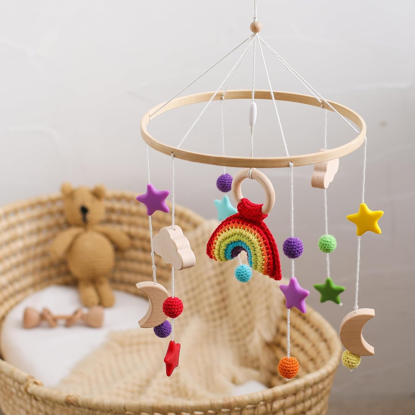 Baby Crib Mobile | Baby Nursery Mobile for Baby Girls and Boys | Boho Nursery Decor | Detachable Crochet Rainbow Design Baby Mobile for Crib | Infant Bed Decoration Toy Hanging(Crochet Rainbow)