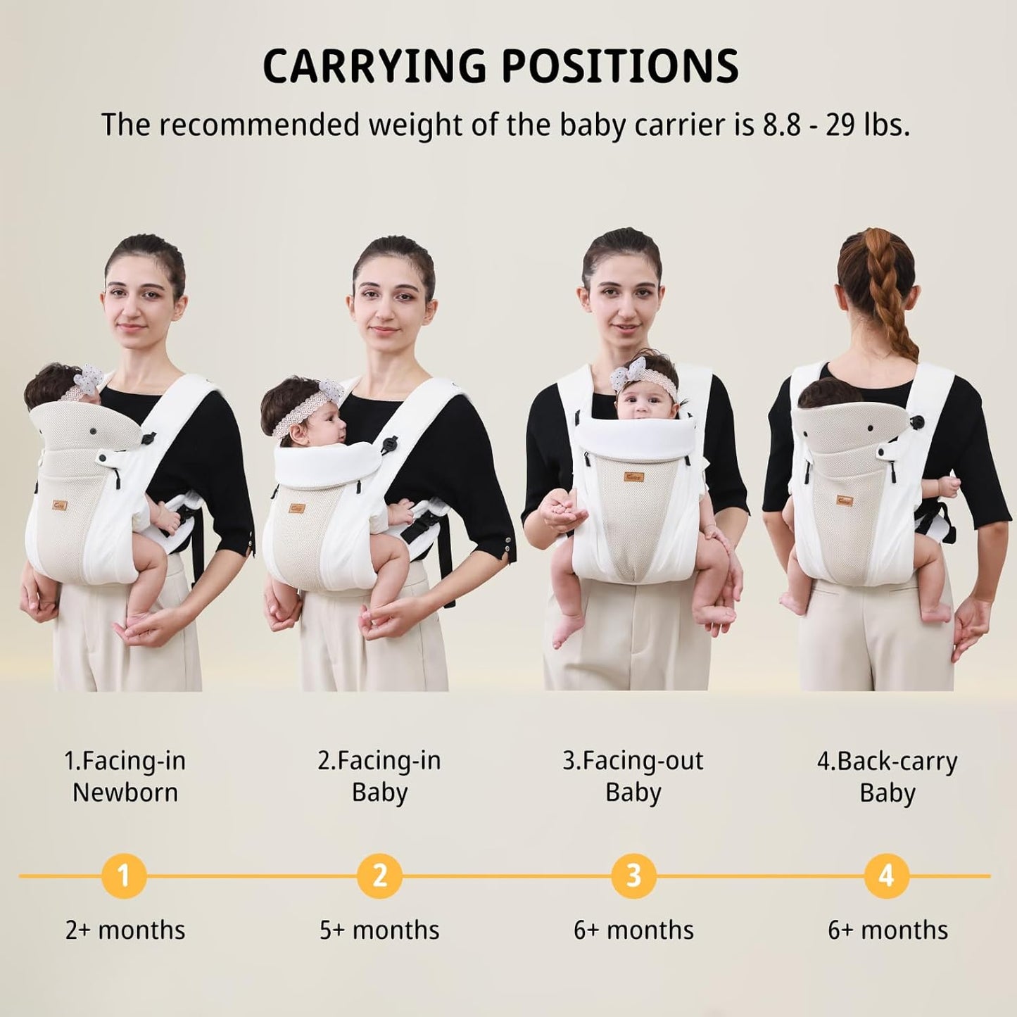 CUBY Newborn Baby Carrier with Head Support and Sunshield, Breathable & Adjustable Newborn Toddler Front Baby Carriers Sling, Hands-Free Newborn Carrier up to 40lbs(White, Classic-with Inner Crotch)