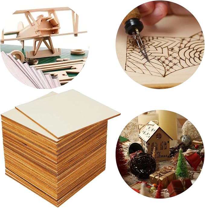 100 Pieces 4x4 Inch Wood Squares Unfinished Basswood Plywood Wooden Sheets 1/8