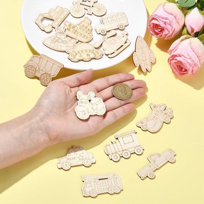 100 pcs Mixed Styles Transportation Theme Undyed Wood Cutout Charms Car Vehicle
