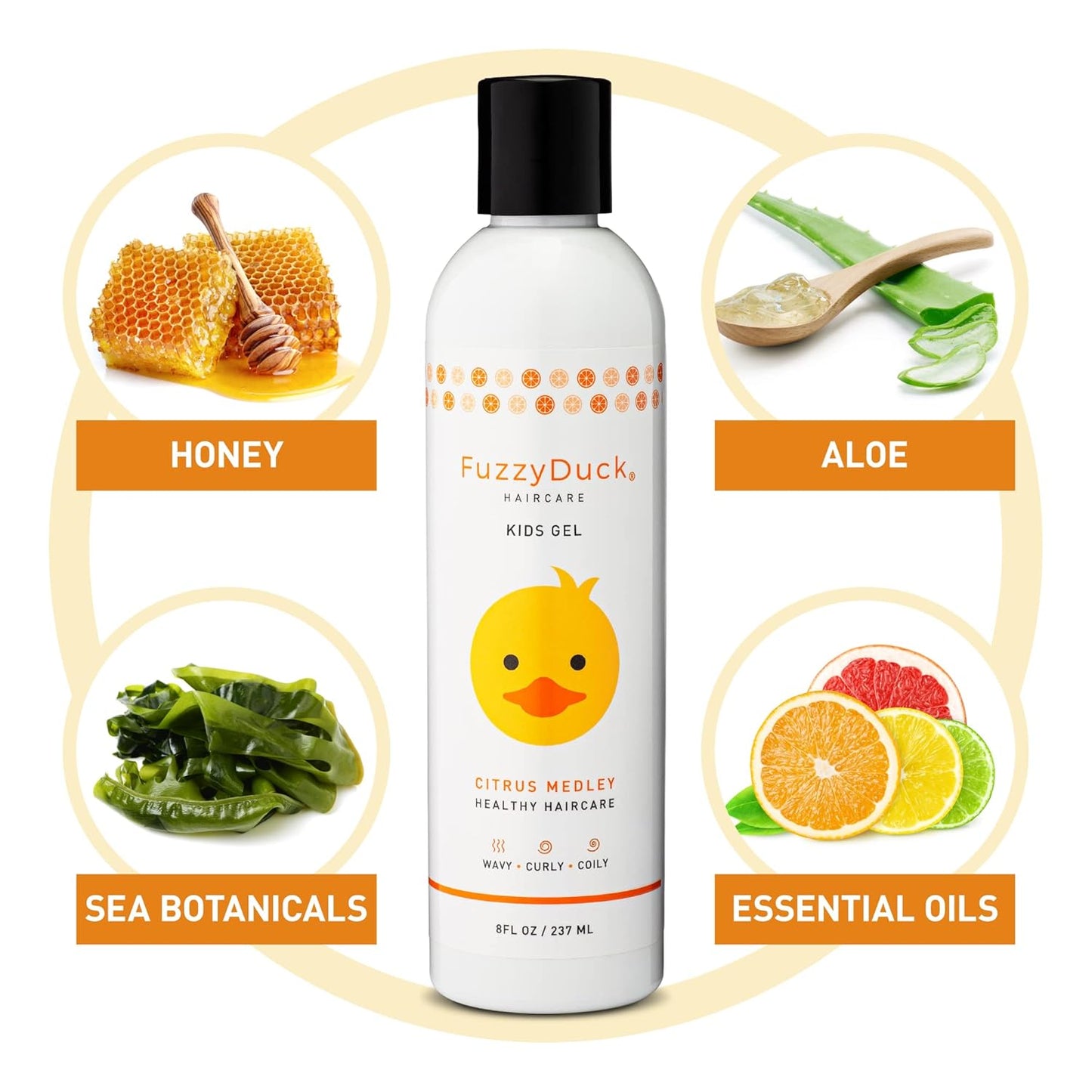 FuzzyDuck Kids Hair Gel – Curl Defining Gel for Girls & Boys with Frizz Control & Light Hold, Water-Soluble Formula Made with Aloe, Sea Botanicals & Honey for All Hair Types (Citrus Medley, 8oz)
