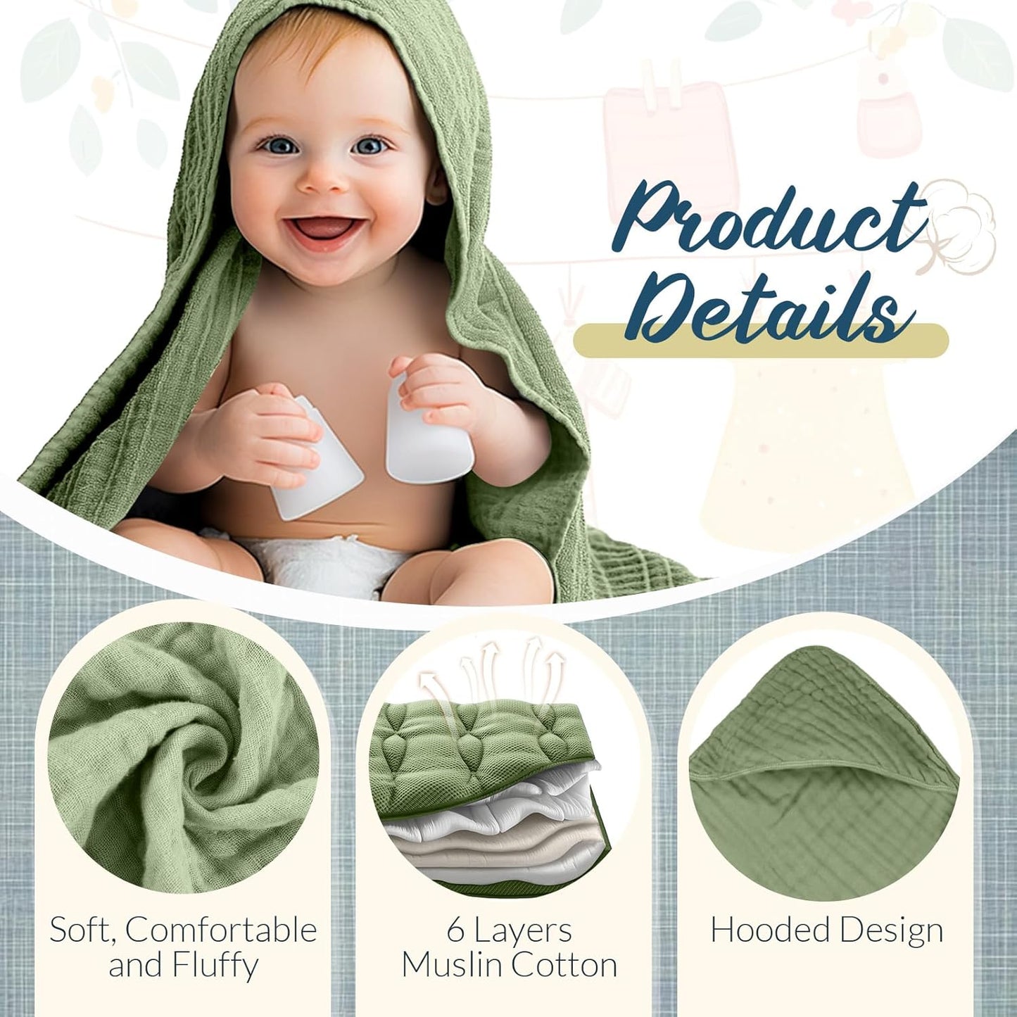 VitalCozy 8 Pcs Baby Muslin Hooded Bath Towels and Washcloths, 32 x 32 Inch Muslin Hooded Baby Towels Absorbent Blankets for Gift Newborn Infant Shower (Morandi Color)
