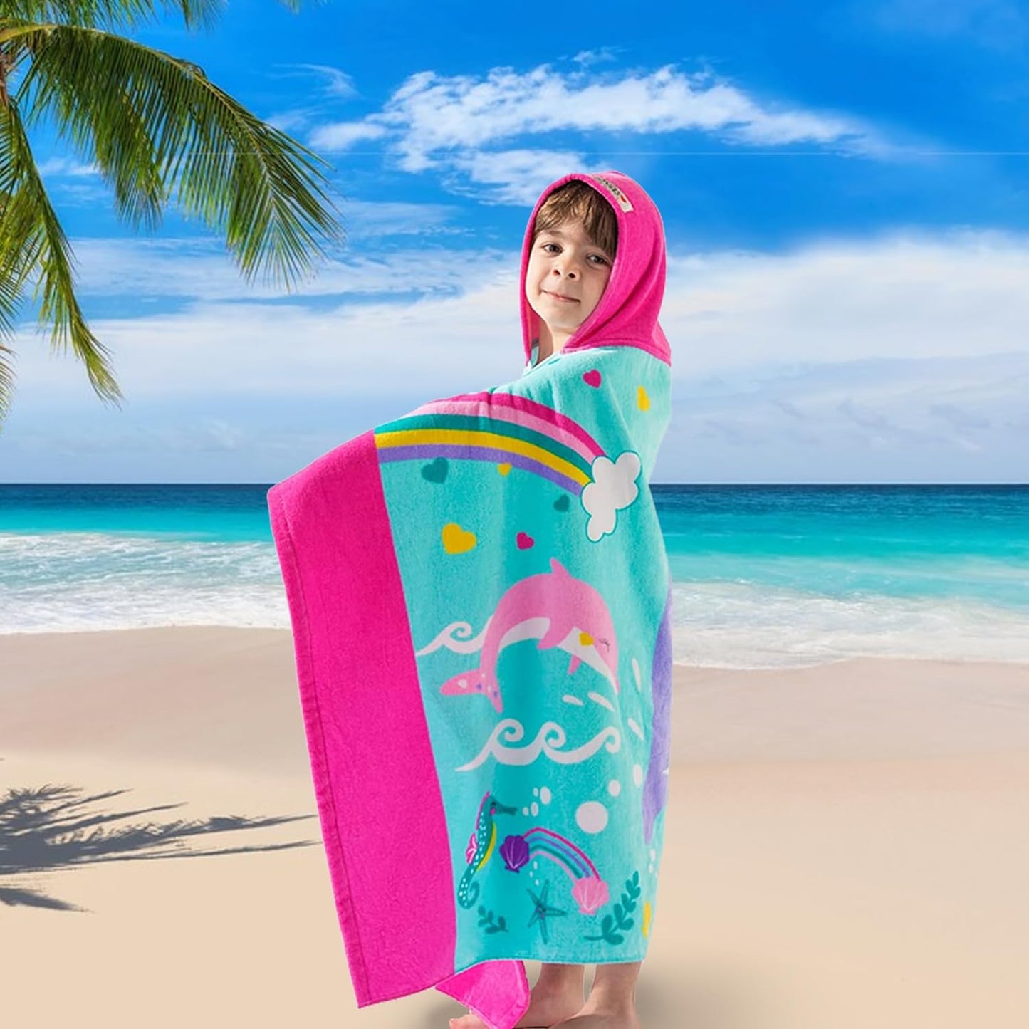 VOOVA & MOVAS Kids Hooded Beach Towels (3-10Years, 30''X50) | 100% Cotton | Large Soft Thick Absorbent Wrap Blanket | Ideal for Beach, Pool, Bath | Pink Whale