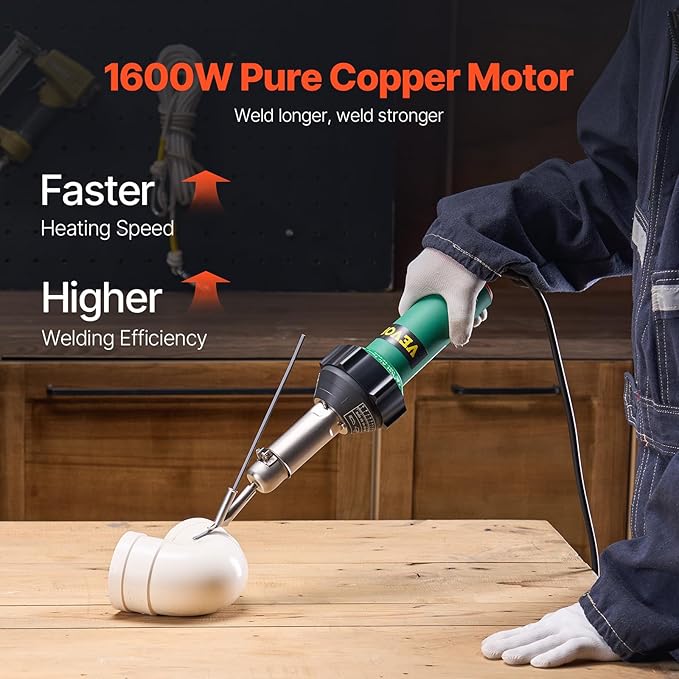 VEVOR Hot Air Plastic Welder, 1600W Hot Air Torch Pistol, 122-1112℉ PVC TPO Vinyl Heat Gun Welding Torch, Plastic Roofing Welding Kit with 11 Accessories- Toolbox, Nozzle, Roller, Blades for PP/PE/PVC