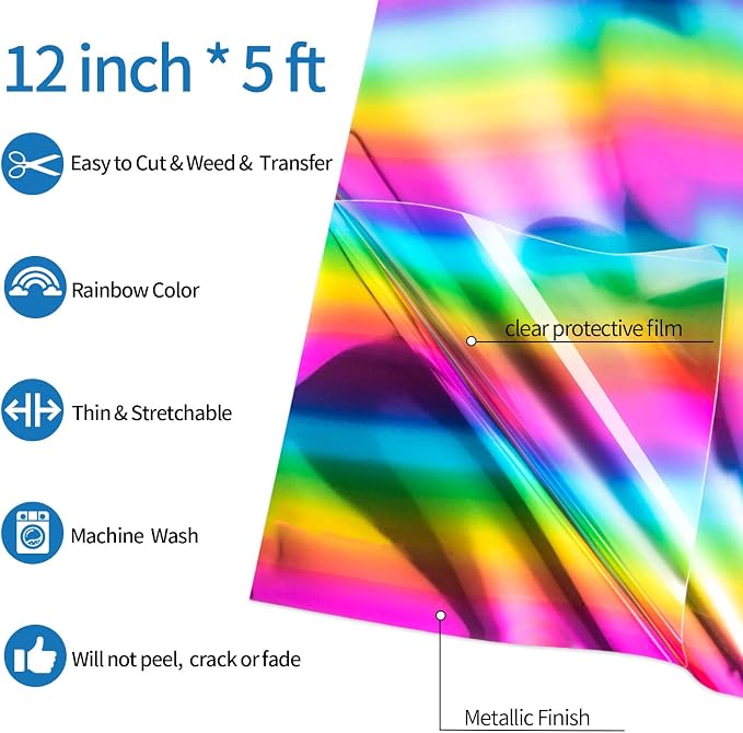 VINYL FROG Rainbow Metallic Foil Heat Transfer Vinyl 12" x5ft HTV Vinyl Roll