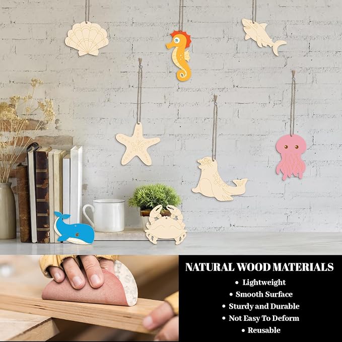 Subacy 80 PCS Unfinished Wood Cutouts 10 Styles DIY Wooden Ocean Ornaments