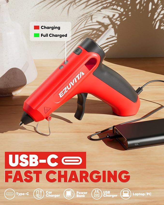 4V Red Cordless Hot Glue Gun Kit, 30-Piece Glue Sticks | 2600mAh Built-In