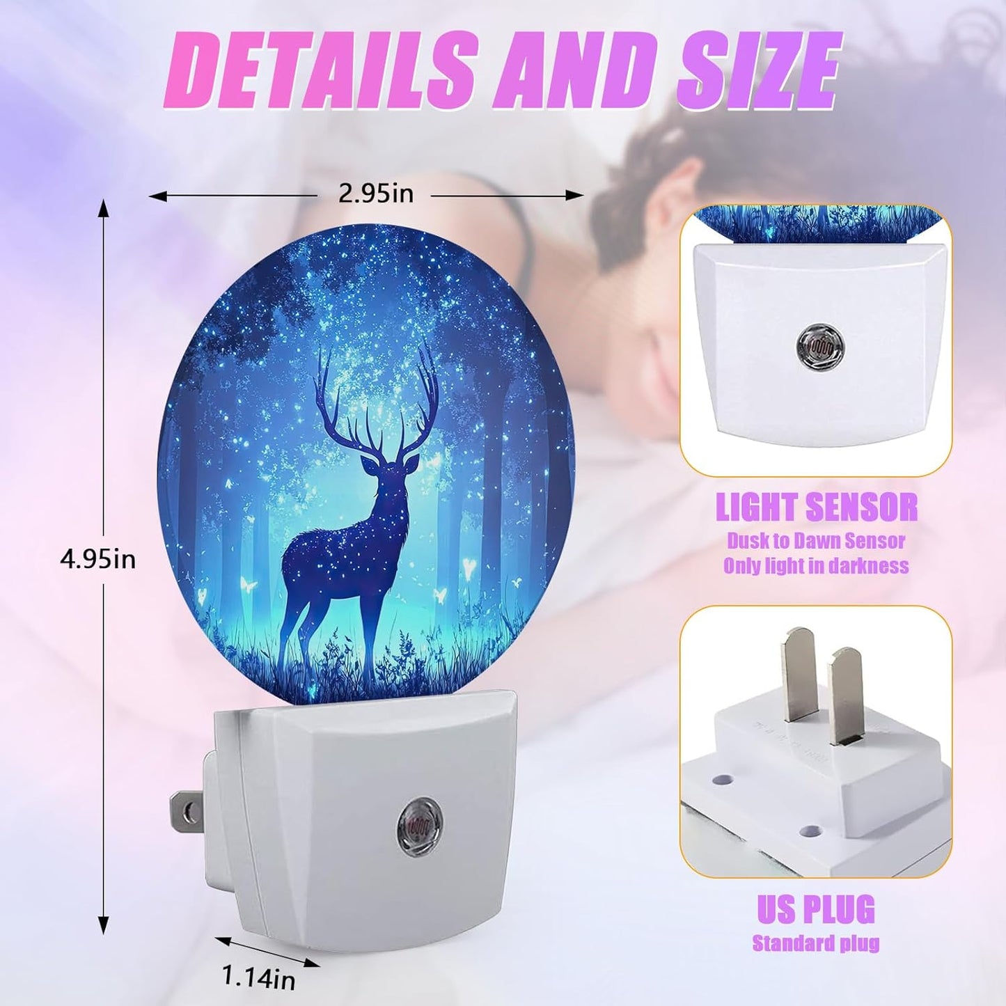 Deer Pine Tree Night Light Foggy Forest Night Lights LED Lamp Round Plug into Wall Nightlight with Dusk to Dawn Sensor Home Hallway Stairway Kitchen Decor