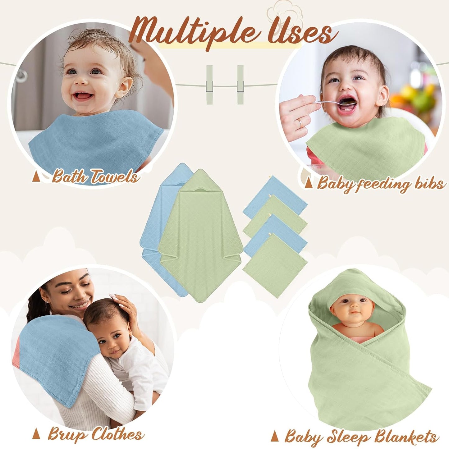 Preboun 6 Pcs Muslin Hooded Baby Towels and Washcloths 32"x 32" Cotton Newborn Bath Towel Anti-Shrink Infant Baby Blankets with Hood 12"x 12" Washcloths for Girl Boy Toddler(Light Blue,Green)