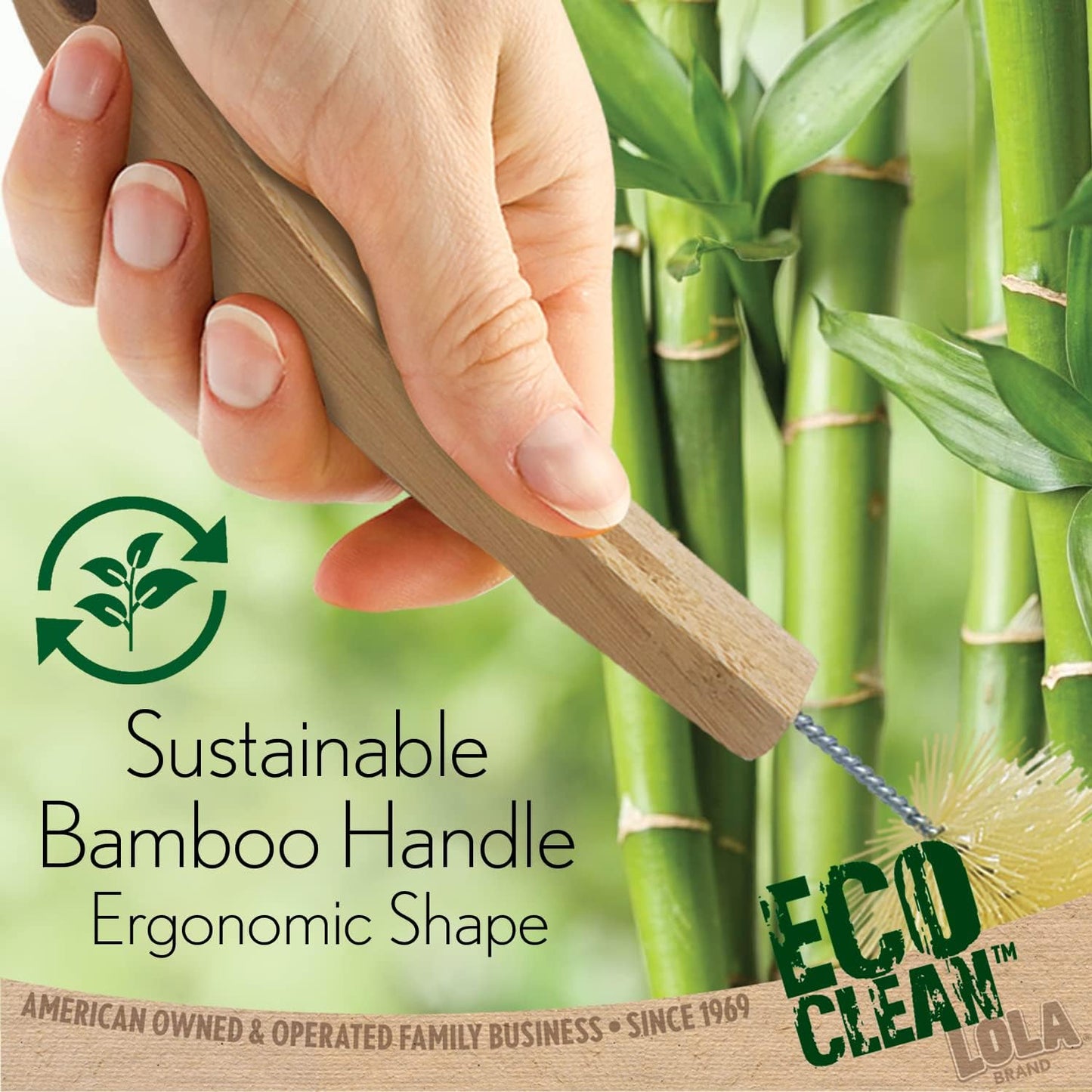 LOLA Bamboo Bottle Brush, 6 Pack, Ergonomic Durable Bamboo Handle, Non Scratch, Easy Storage, Bristles Made from Recycled Soda/Water Bottles
