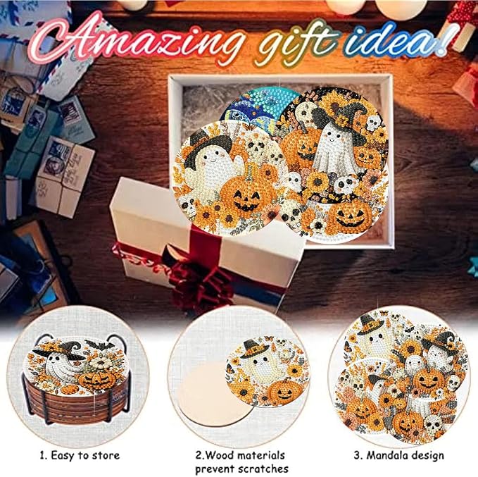 8 Pack Halloween Diamond Art Coasters, Ghost Diamond Painting Coasters Kits |