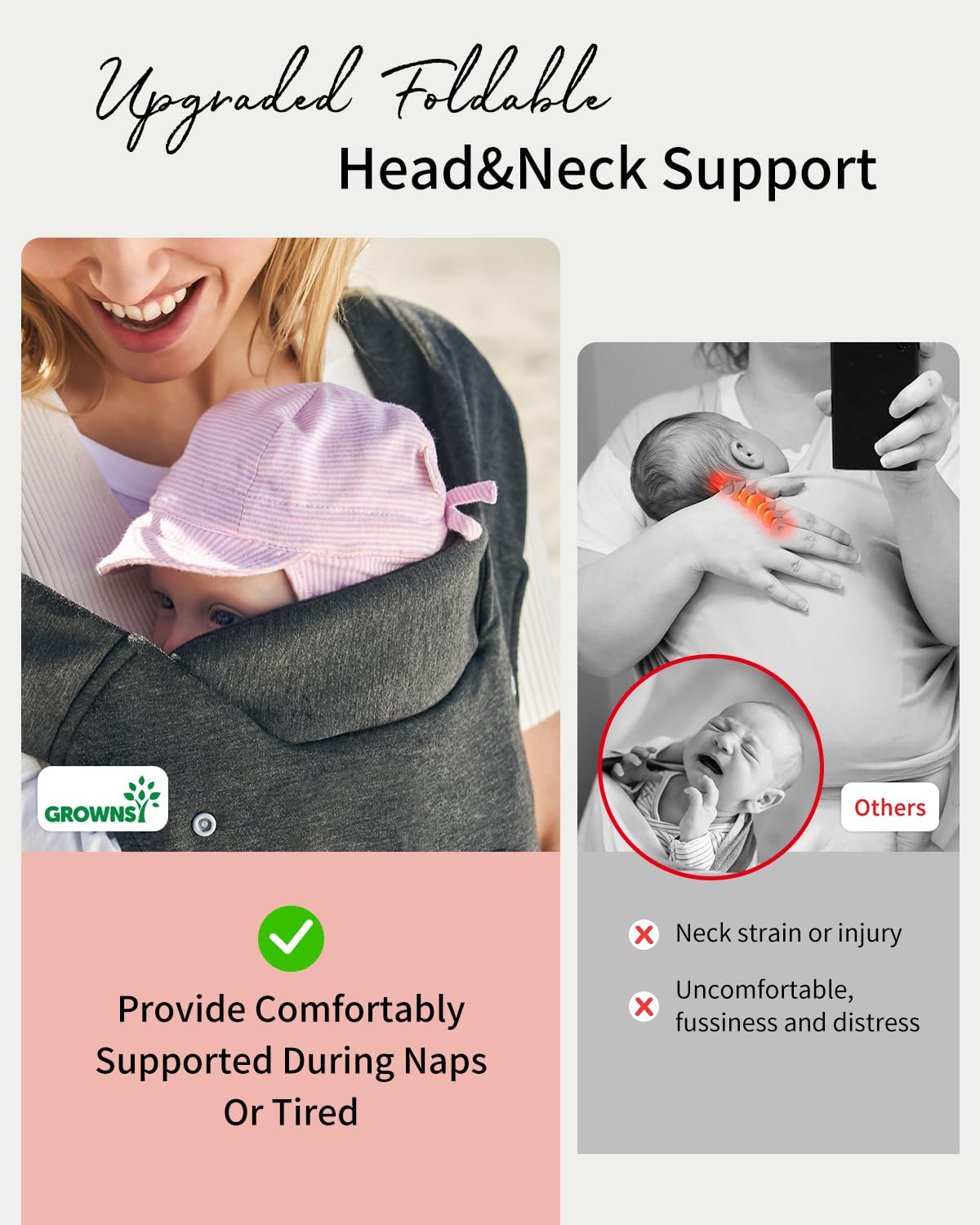 GROWNSY Baby Carrier Newborn to Toddler, Cozy Baby Wraps Carrier, Ergonomic Baby Carrier with Head Support, Deep Grey