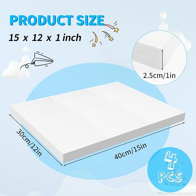 LuckyFoam White 4 Pack 15x12x1 inch Foam Sheets 1 Inch Thick | Polystyrene