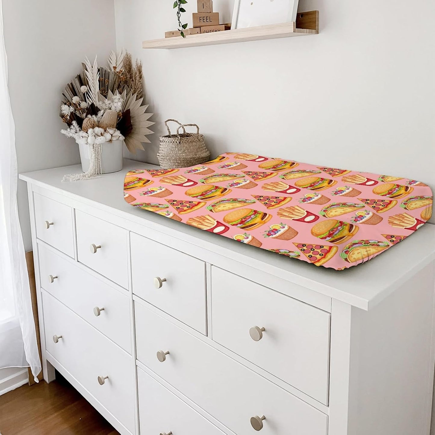 Cute Burger French Fries Cupcake Pizza Baby Changing Table Pad Covers for Baby Boys or Girls 32''x16'' Unisex Fitted Diaper Changing Table Cover Comfort Soft Breathable Nursery Changing Table Mats
