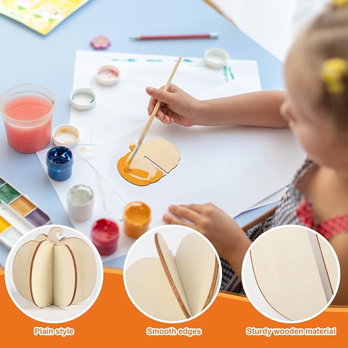 COCHIE DIY Fall 3D Pumpkins Wood Crafts to Paint, Paintable Unfinished Wooden