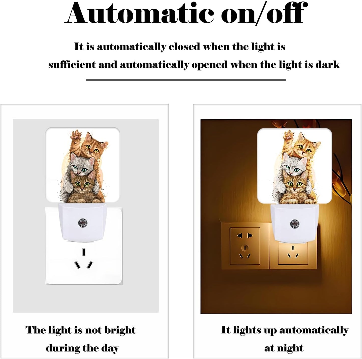 Three Cute Kittens Night Light,Plug Into Wall for Boys Girls Bedroom Decorative Square Night Light Lamp 0.5w Sleep Friendly
